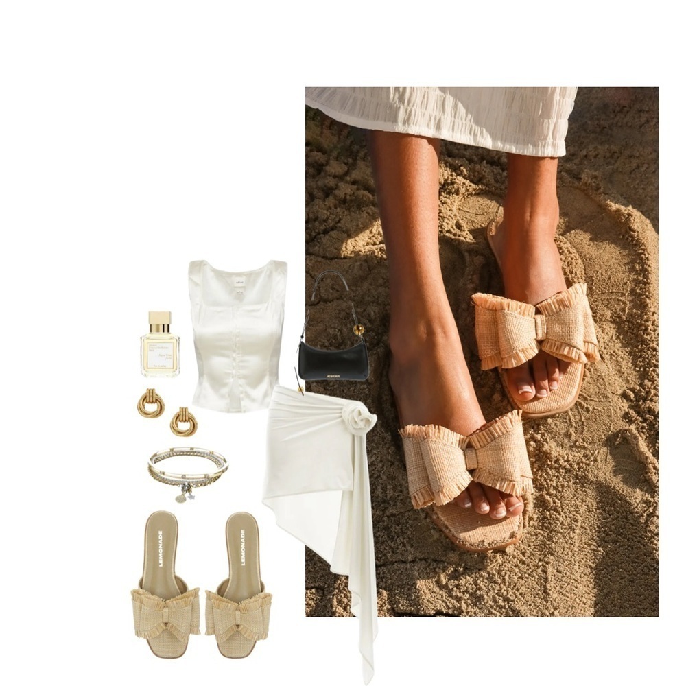 NEW | Lemonade Raffia Bow Summer Sandals Raffia Beach Slide Summer Flats - Picture 3 of 6